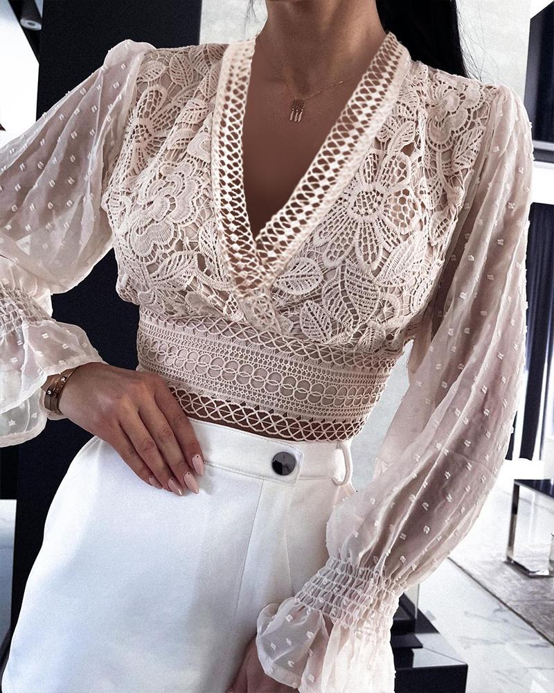 

V-Neck Swiss Dot Bell Sleeve Lace Crop Top, Apricot