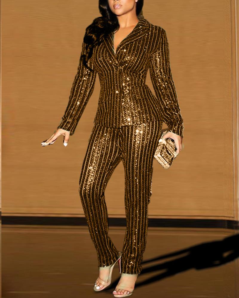 

Striped Sequin Long Sleeve Coat & Pants Set, Gold