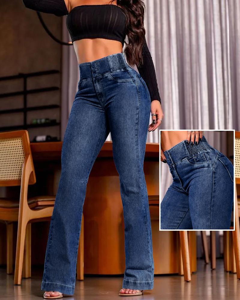 

ChicMe CurveEase Back franzido com botões na frente, jeans de cintura alta, skinny flared, jeggings jeans, Dark blue