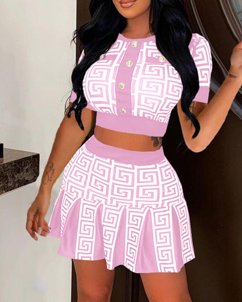 

Geometric Print Crop Top & Pleated Skirt Set, Pink