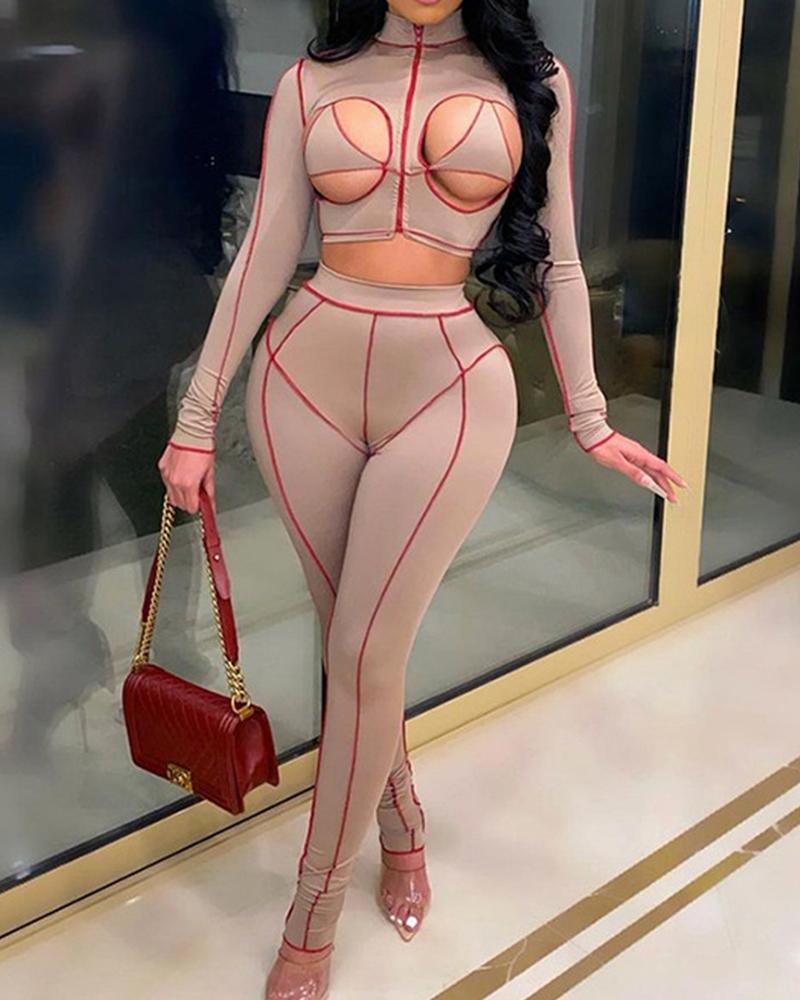 

Solid Color Side Striped Cut-out Long Sleeve Cropped Top And Pants Active Sets, Pink