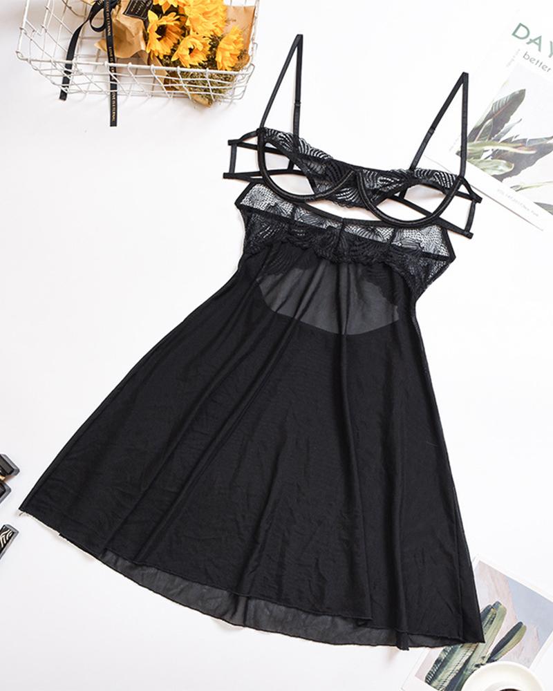 

See-through Lace Mesh Cut-out Sling Babydolls, Black