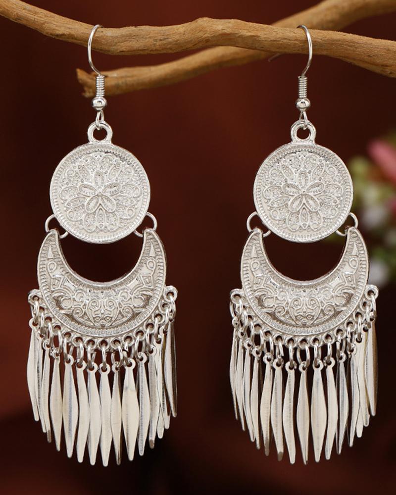 

1Pair Vintage Nationality Geometric Tassel Dangle Earrings, Silver