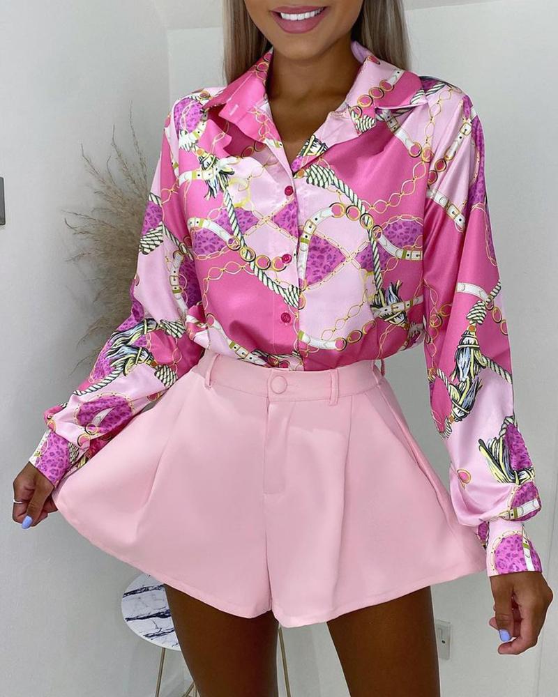 

Chain Print Button Front Top & Shorts Set, Pink