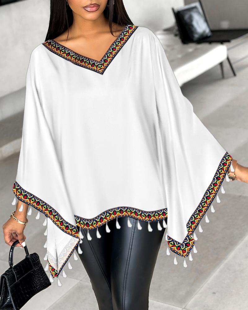 

Aztec Geometric Tape Patch Batwing Sleeve Top, White