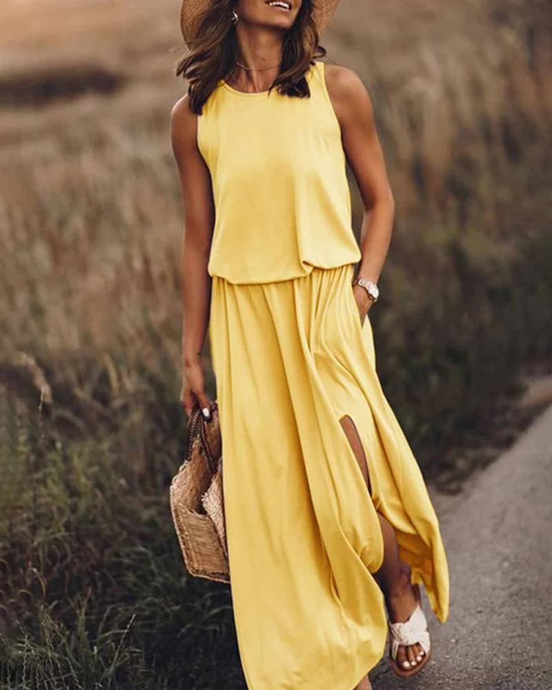 

Solid Sleeveless Slit Dress, Yellow