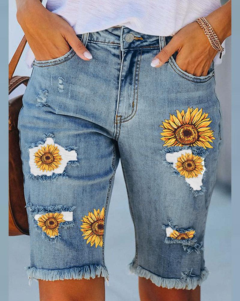 

Sunflower Print Patchwork Pocket Design Denim Shorts, Blue
