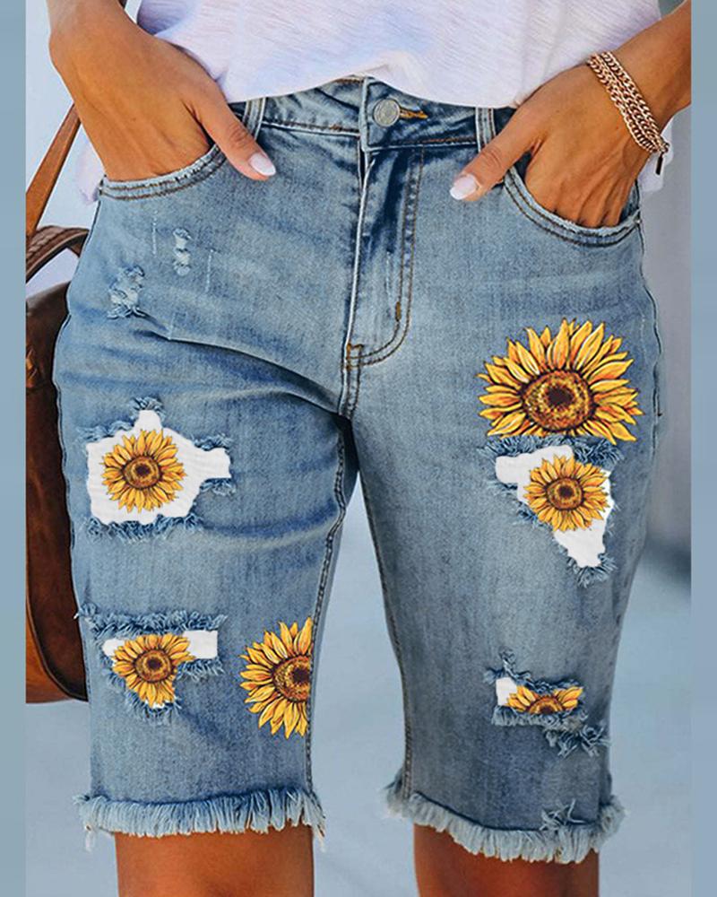 

Sunflower Print Patchwork Pocket Design Denim Shorts, Blue