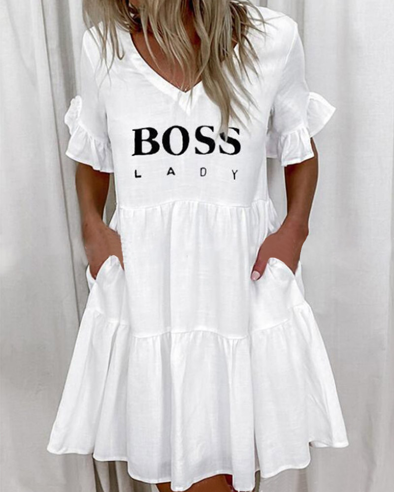 

Letter Print Short Sleeve Loose A-line Dress, White