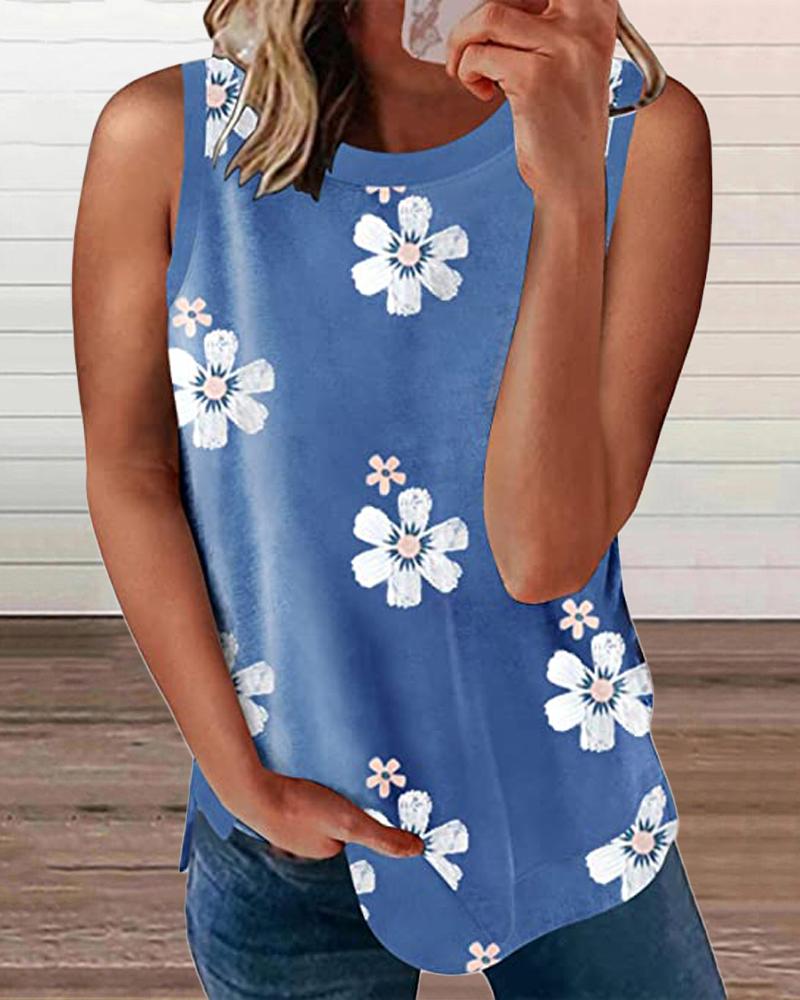

Floral Print Round Neck Casual Tank Top, Blue