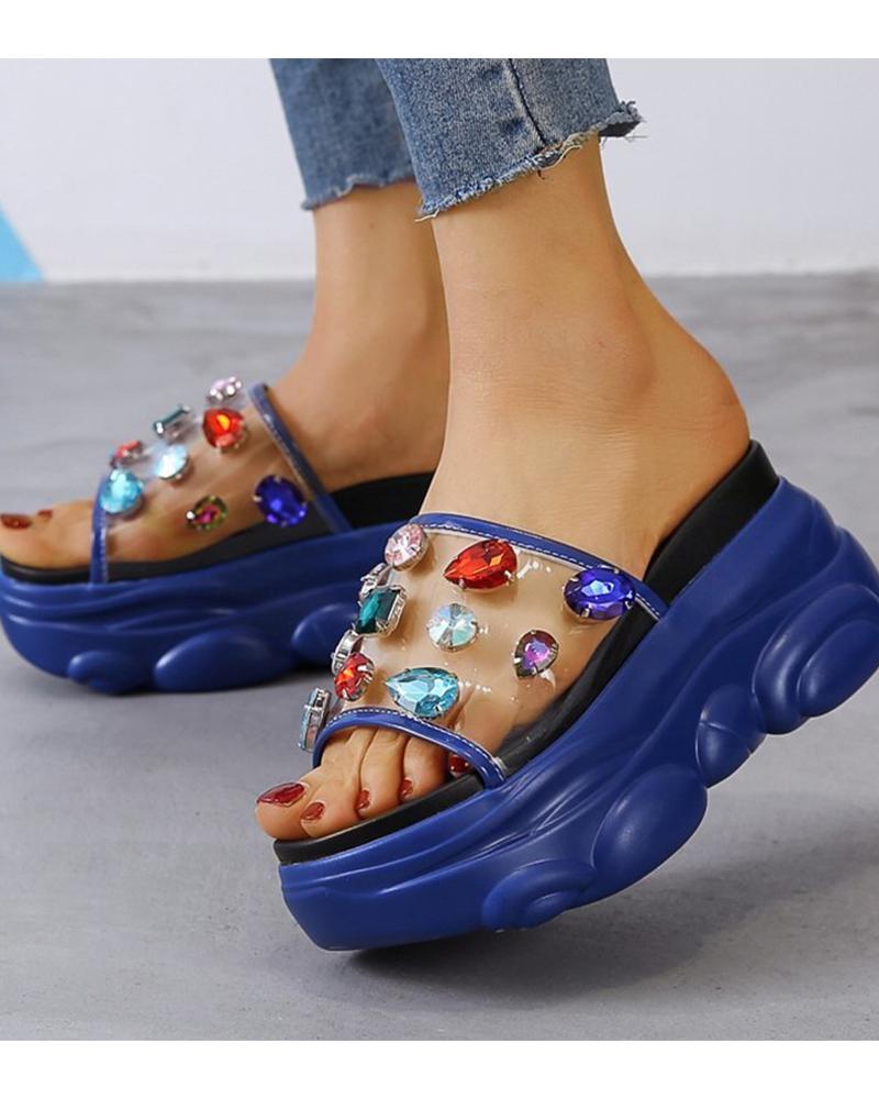 

Round-toe PVC Splicing Multicolor Rhinestone Platform Slippers, Blue