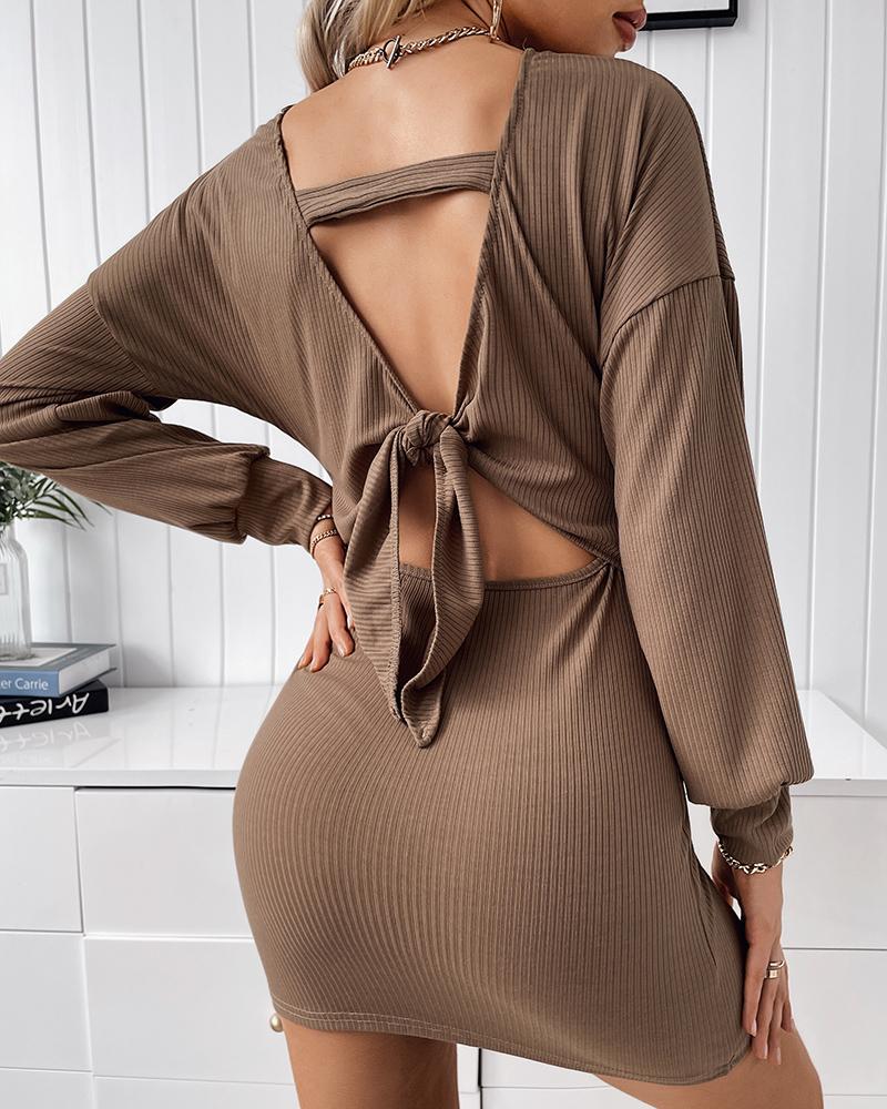 

Tied Detail Long Sleeve Backless Bodycon Dress, Khaki