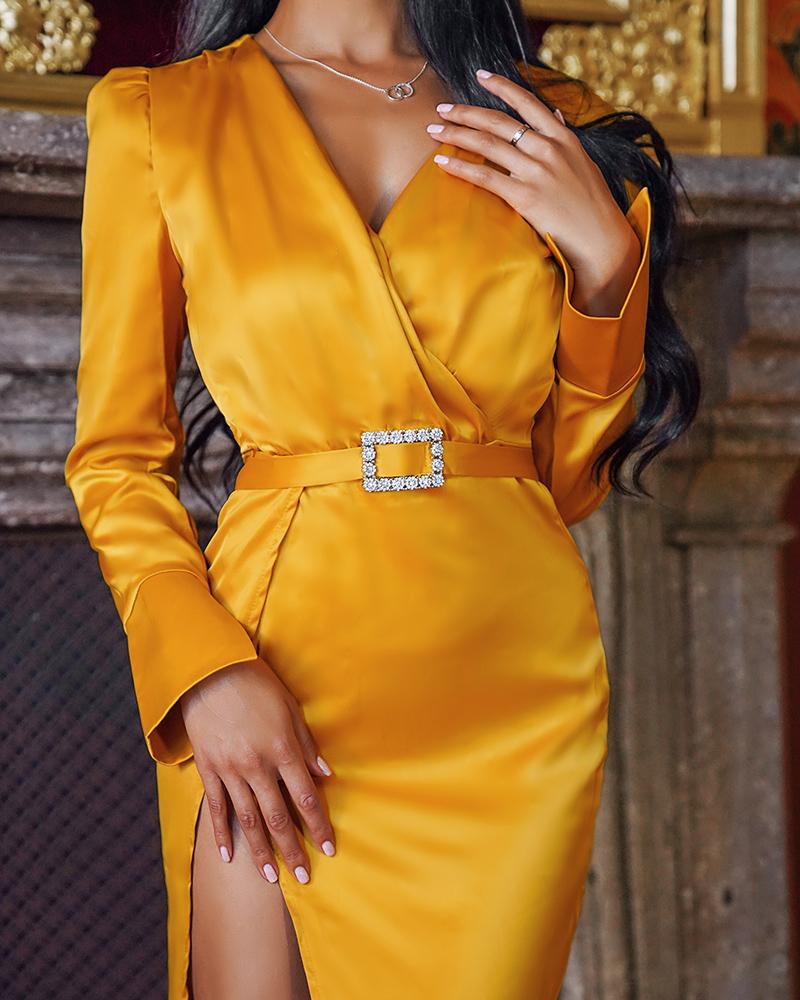 

High Slit Puff Sleeve Party Dress With Belt, Yellow