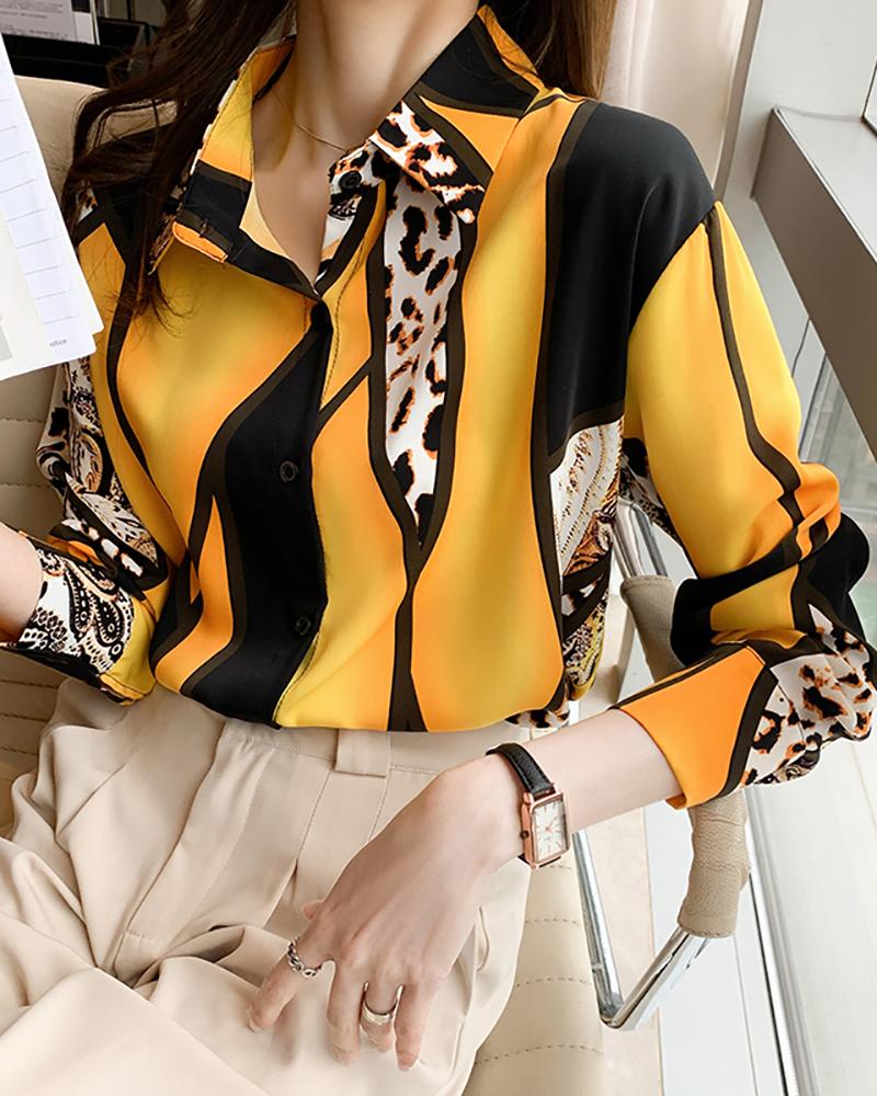 

Button Decor Colorblock Leopard Print Long Sleeve Top, Yellow