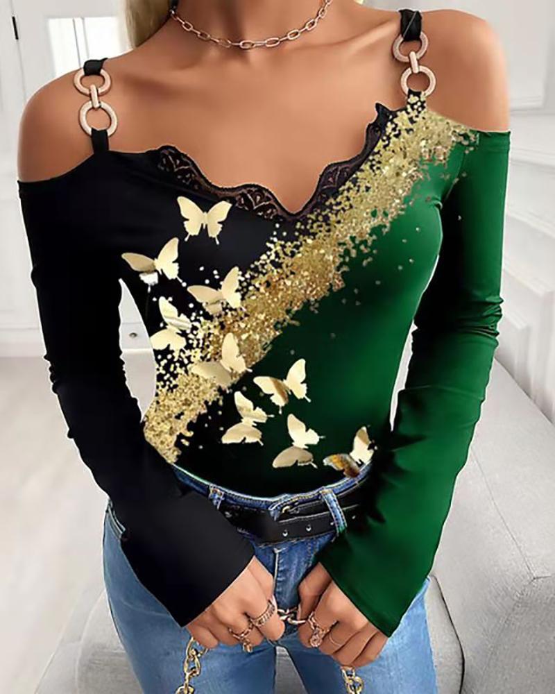 

Cold Shoulder Butterfly Bronzing Print Long Sleeve Top, Green