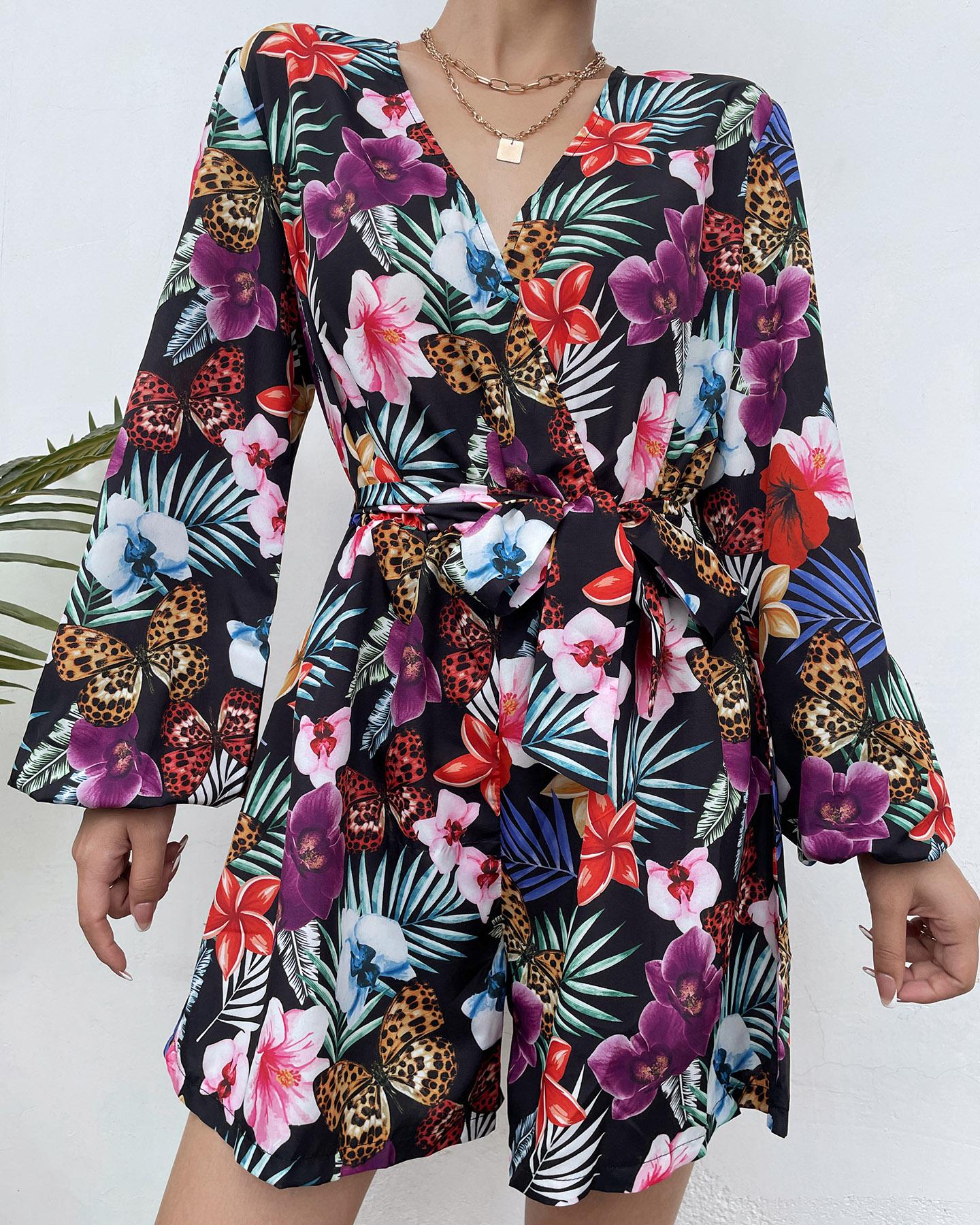 

Tropical Print Tied Detail Lantern Sleeve Romper, Black