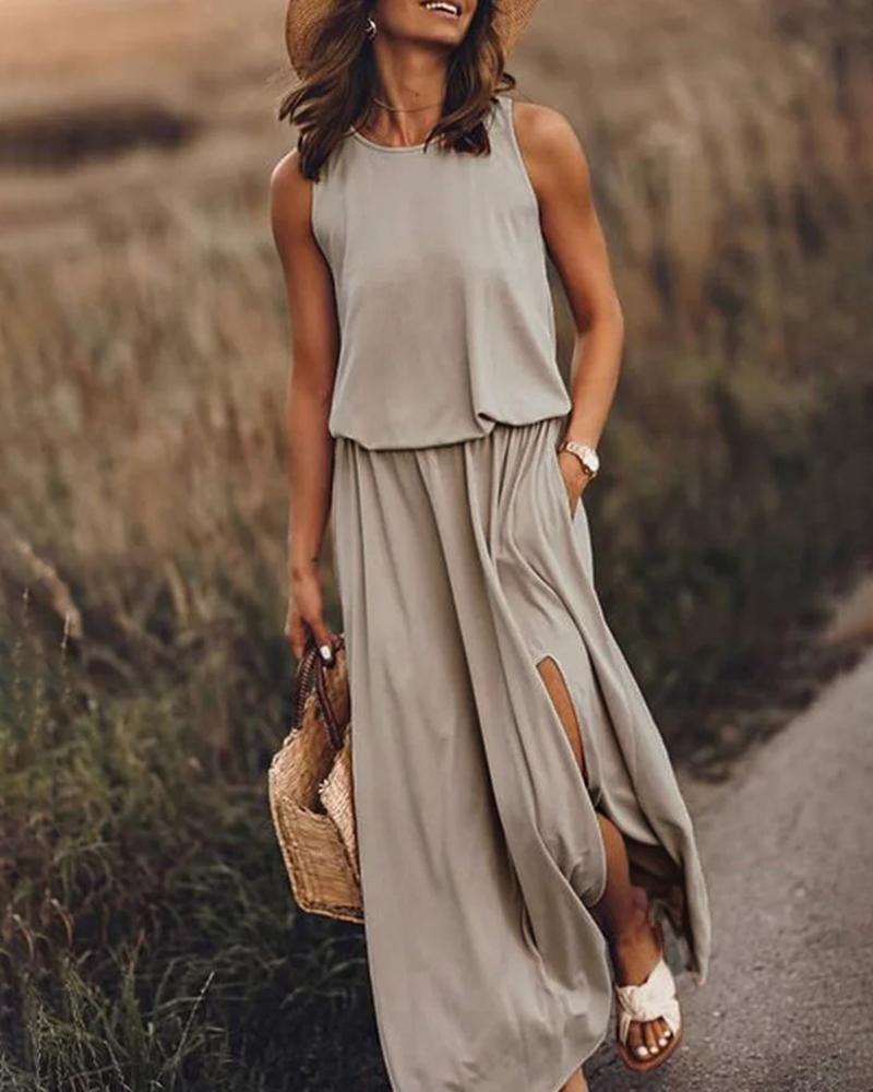 

Solid Sleeveless Slit Dress, Khaki