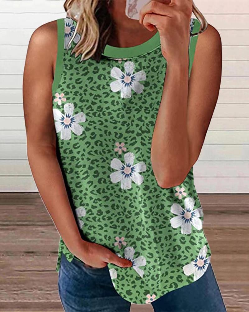 

Floral Leopard Print Round Neck Casual Tank Top, Green