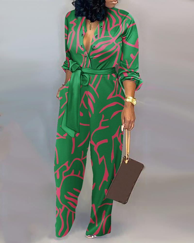 

Allover Print Long Sleeve Belted Jumpsuit, Green