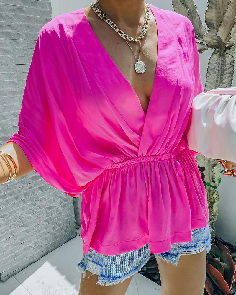 

Solid Short Sleeve Loose Blouse, Hot pink