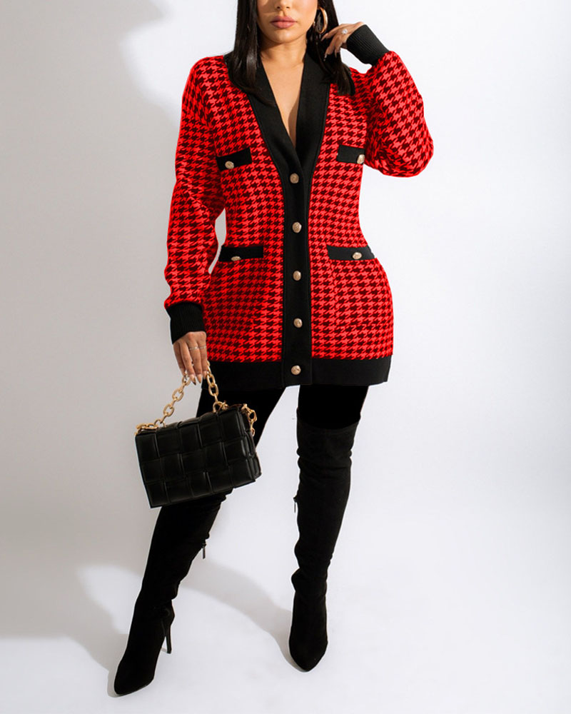 

Houndstooth Print Patch Pocket Button Front Coat, Red