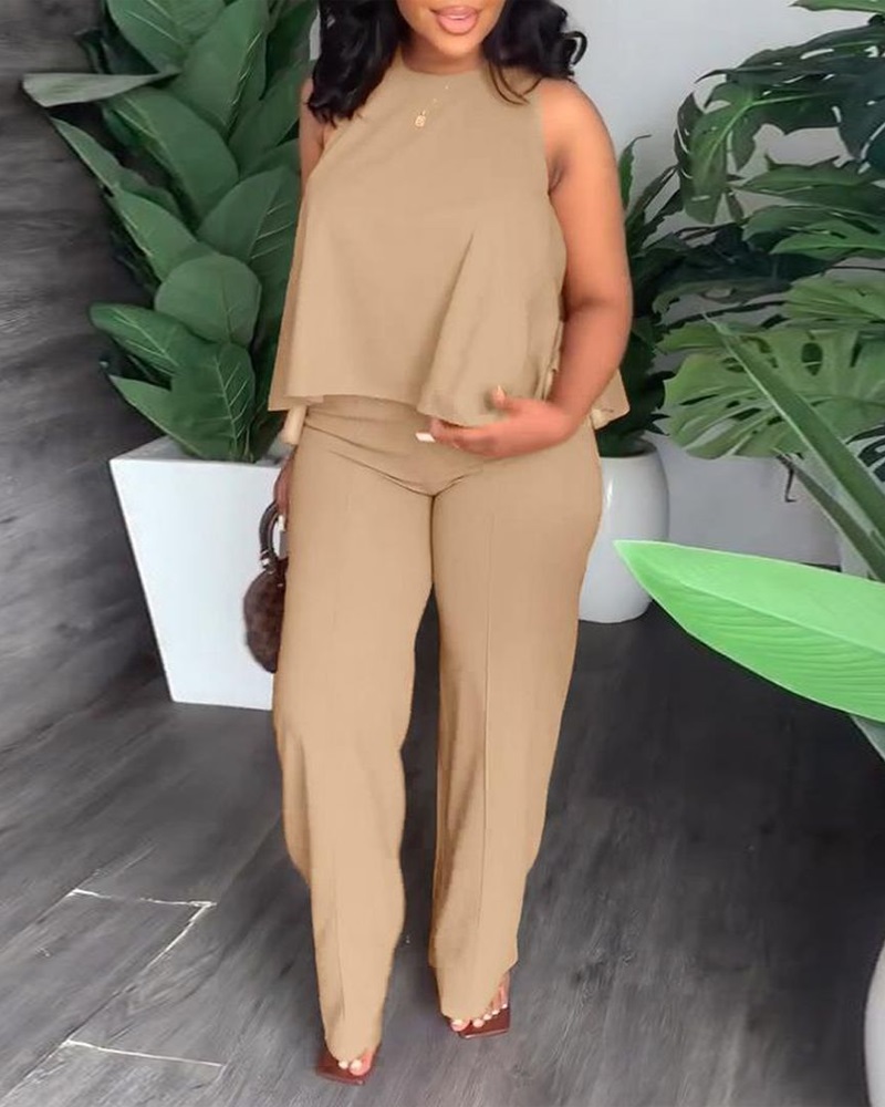 

Sleeveless Ruffle Hem Top & Straight Leg Pants Set, Khaki