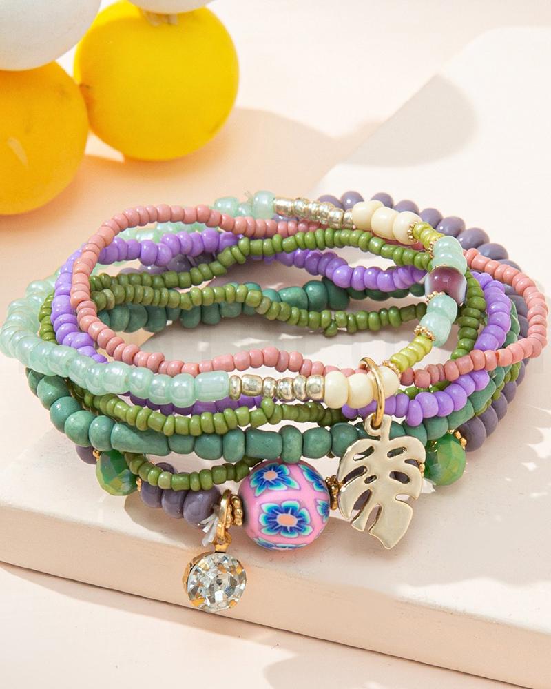 

1pc Palm Leaf Beaded Bohemian Multi-Layer Bracelet, Green