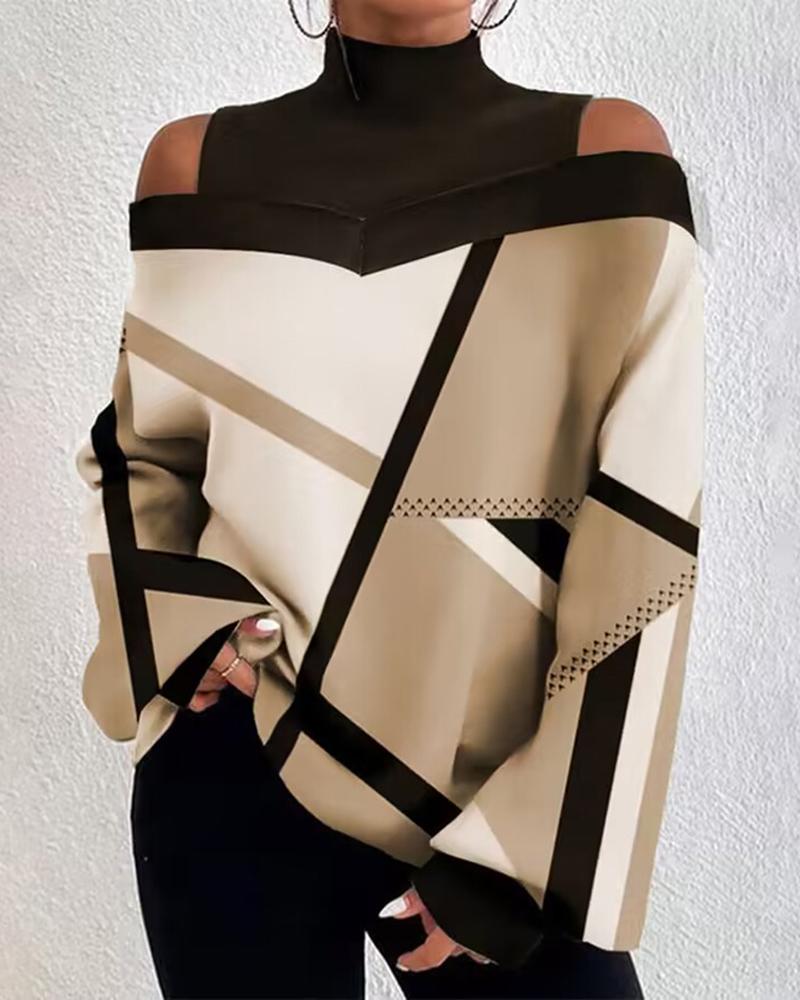 

Geometric Print Cold Shoulder Lantern Sleeve Top, Coffee