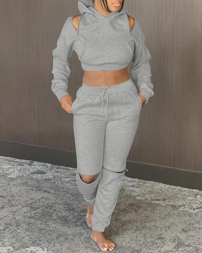 

Cutout Crop Hooded Women Top & Drawstring Pants Set, Gray