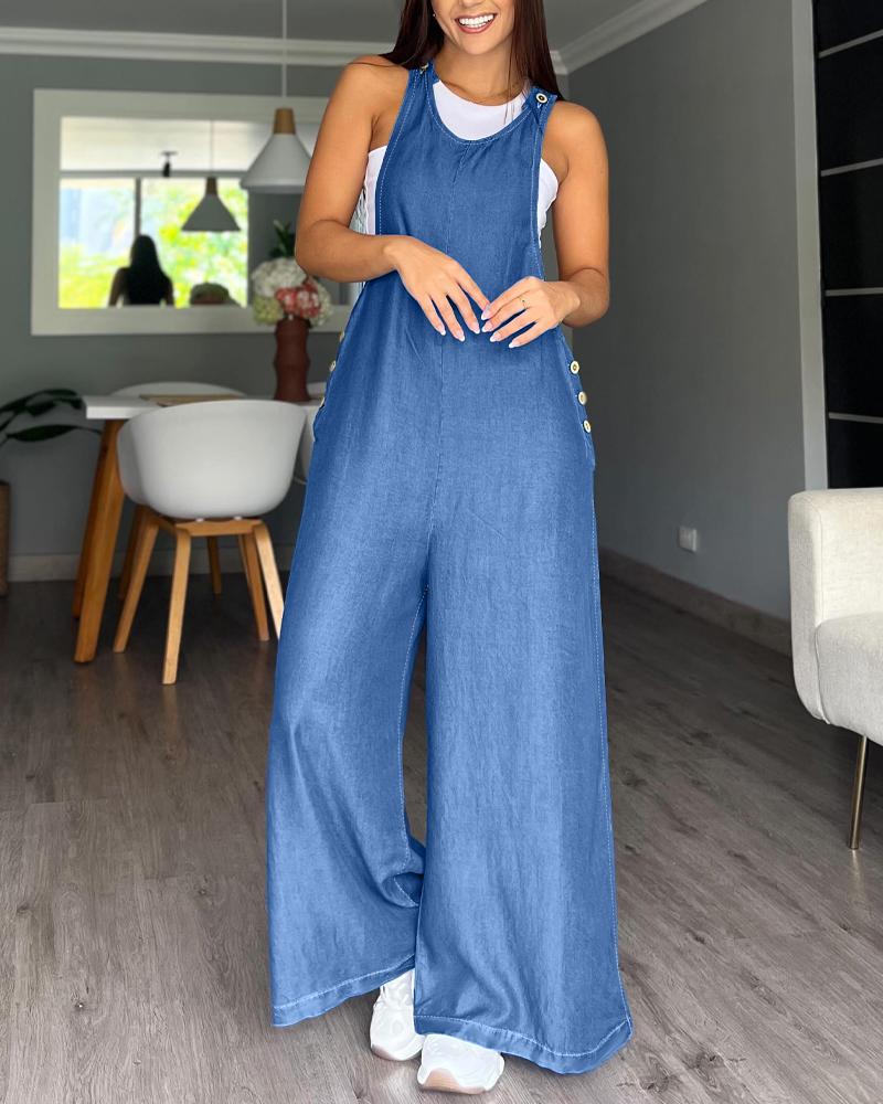 

Denim Look Print Wide Leg Suspender Jumpsuit, Blue