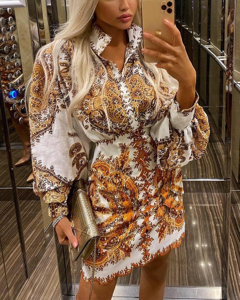 

Scarf Print Lantern Sleeve Button Front Top & Skirt Set, White