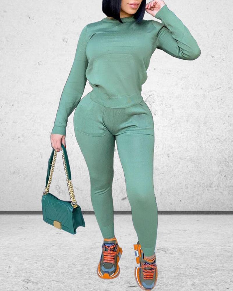 

Plain Long Sleeve Top & Pants Set, Green