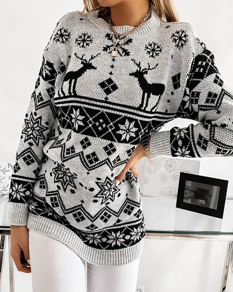 

Christmas Long Sleeve Deer Snowflake Print Ugly Sweater, Gray