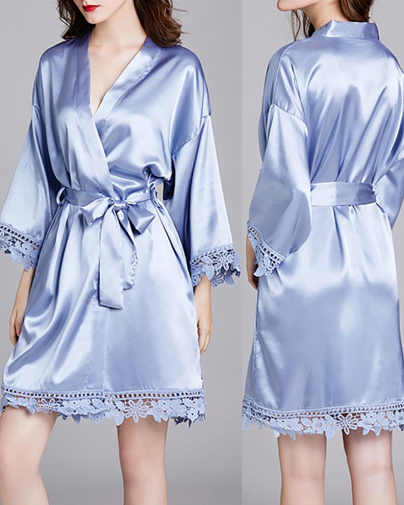 

Guipure Lace Patch Satin Tied Detail Lounge Robe, Gray