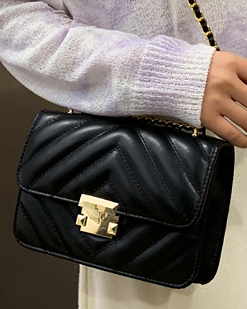 

Chevron Double Chain Strap Flap Shoulder Bag, Black