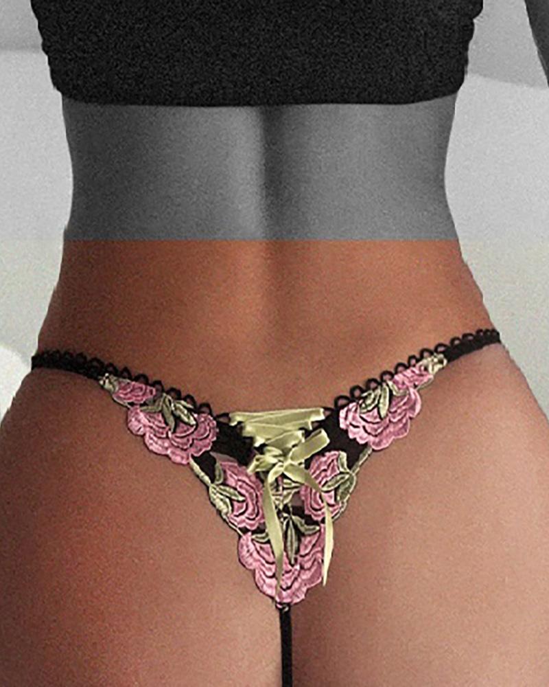 

Floral Embroidery Low Waist Lace-up Thong, Black