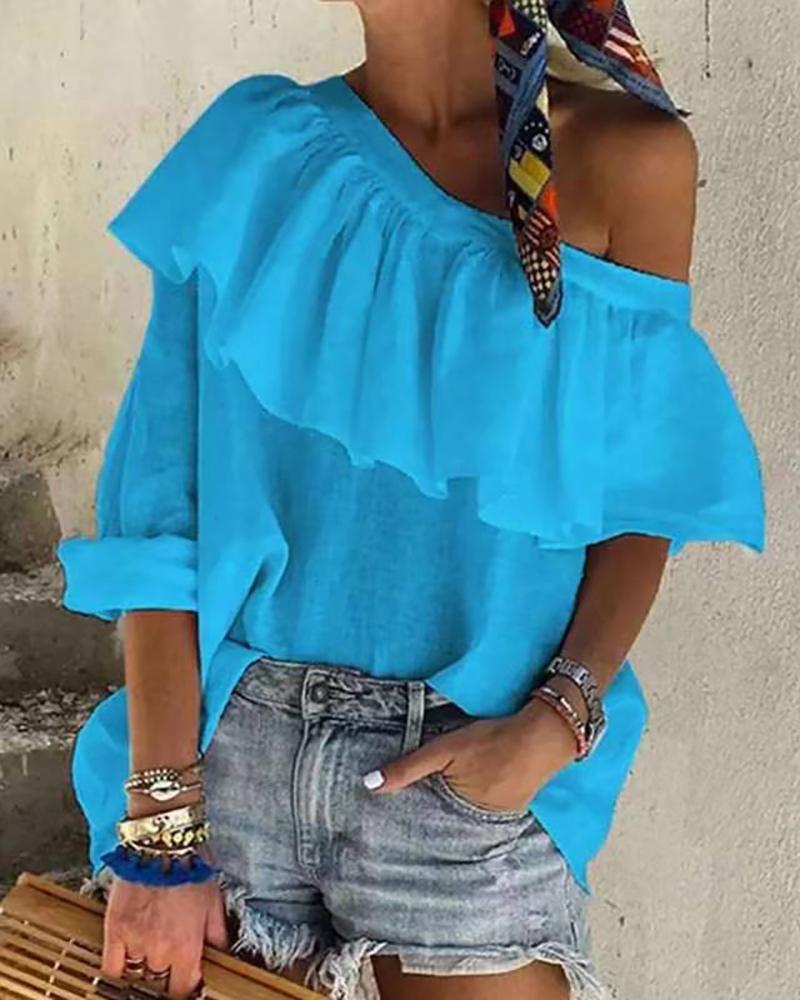 

Ruffle Hem Long Sleeve One Shoulder Top, Blue