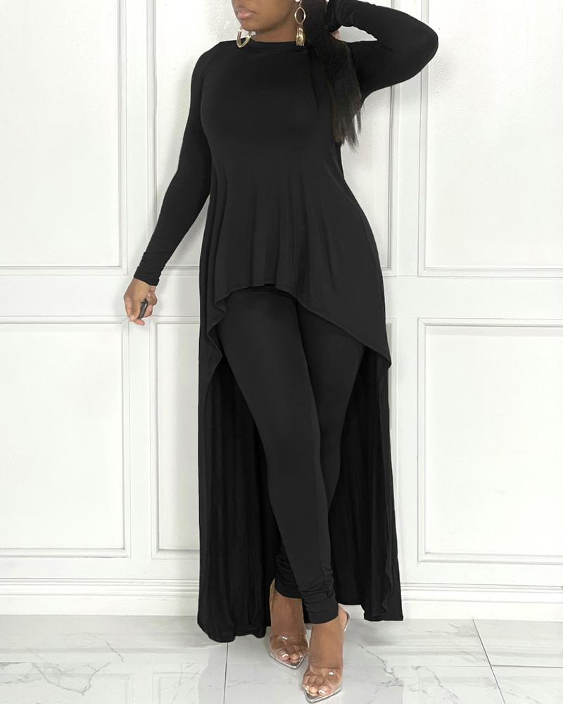 

Long Sleeve Asymmetrical Top & High Waist Pants Set, Black