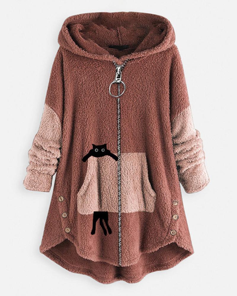 

Cat Print Long Sleeve Hooded Zip Up Teddy Coat, Pink