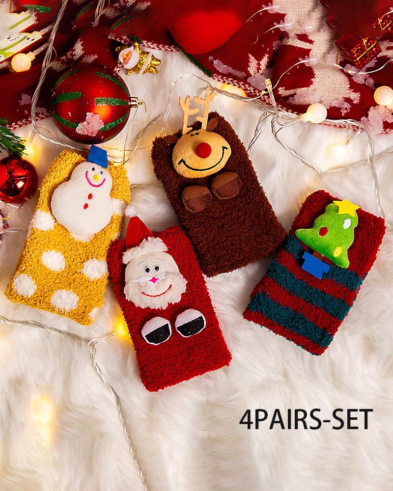 

4Pairs Christmas Tree Santa Snowman Elk Pattern Fuzzy Thermal Socks Set, Red