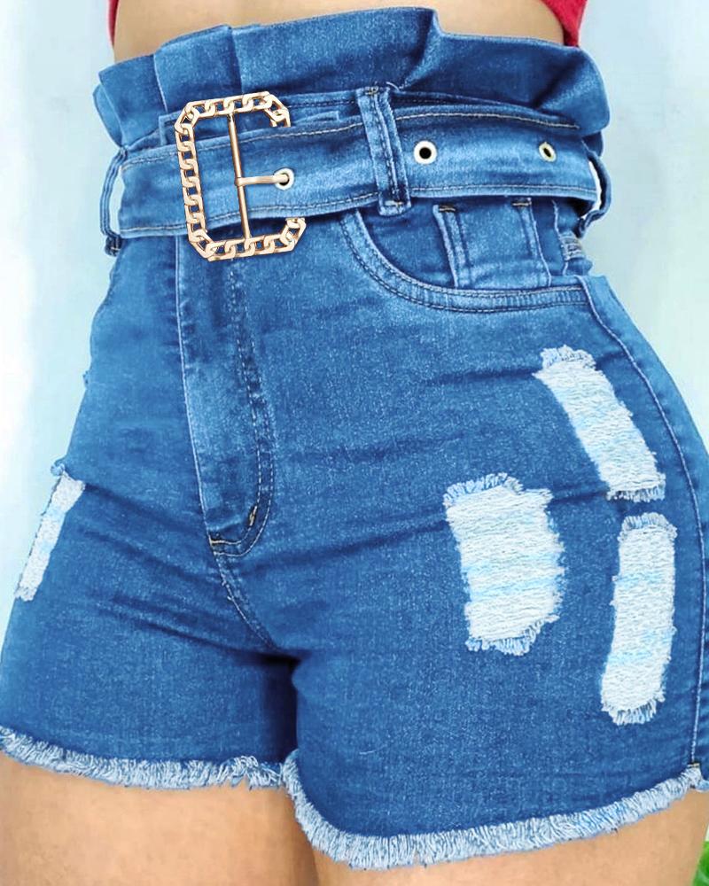 

Ruffles High Waist Ripped Raw Hem Denim Shorts With Belt, Blue