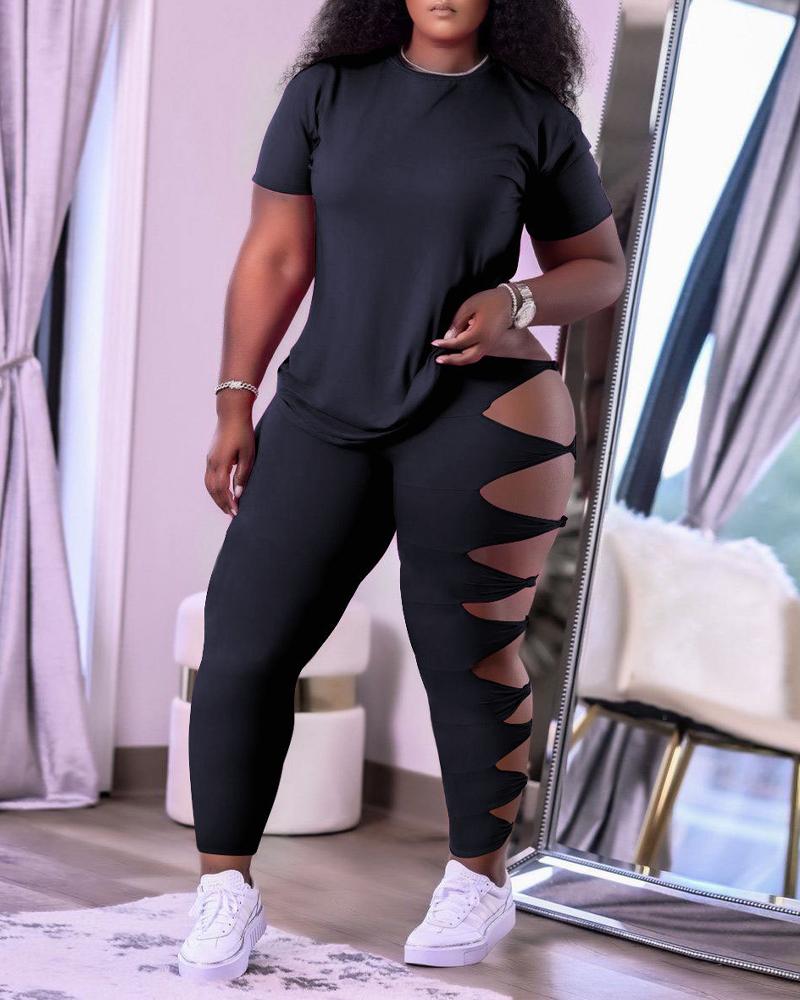 

Casual Top & Knotted Design Cutout Pants Set, Black