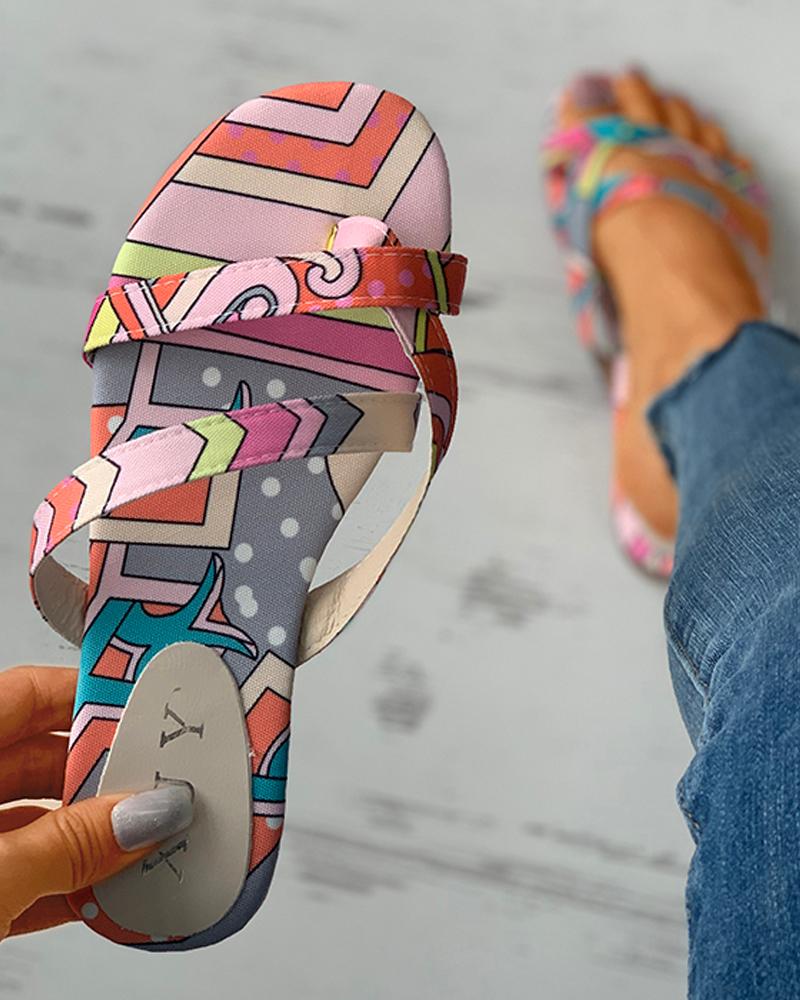 

Print Open Toe Casual Flat Sandals, Pink