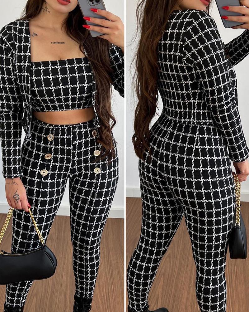 

3PCS Plaid Print Crop Tube Top & Pants Set With Coat, Black