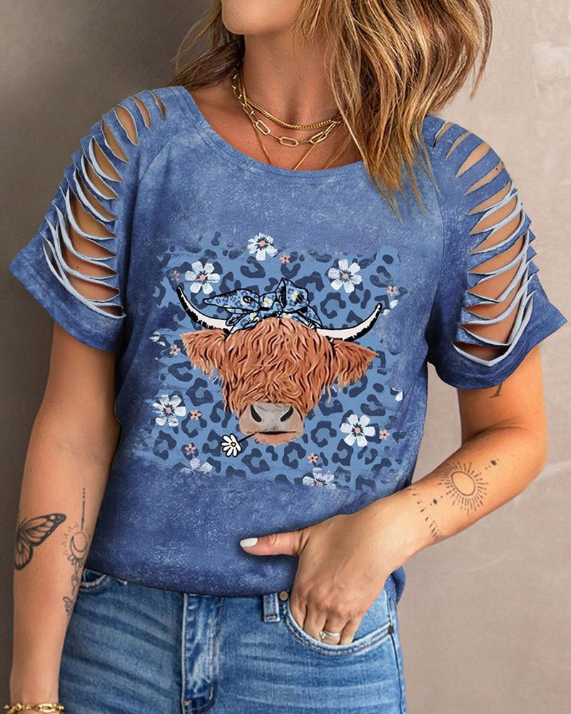 

Ladder Cutout Highland Cattle Floral Cheetah Print T-Shirt, Blue