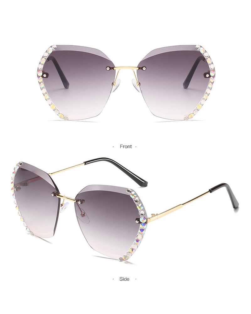 

1Pair Studded Ombre Lens Rimless Sunglasses, Gray