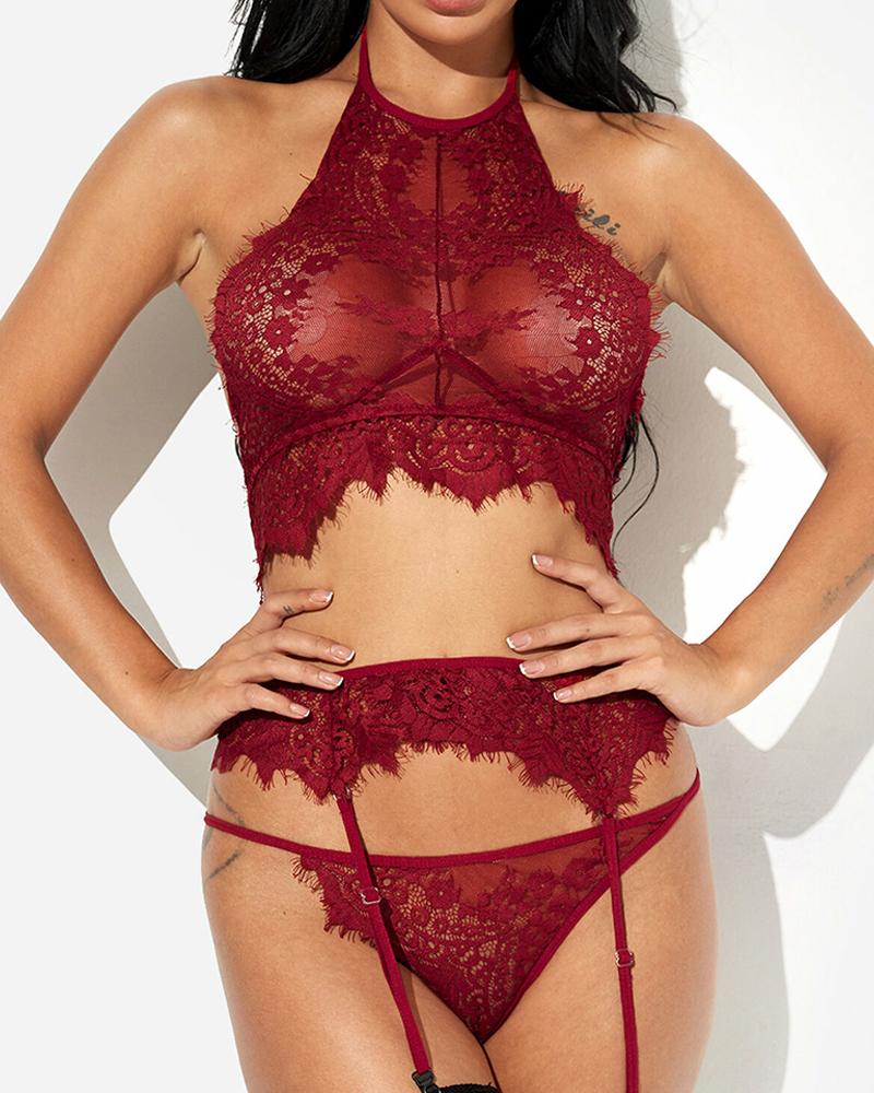 

3PCS Eyelash Lace Sheer Mesh Garter Lingerie Set, Red