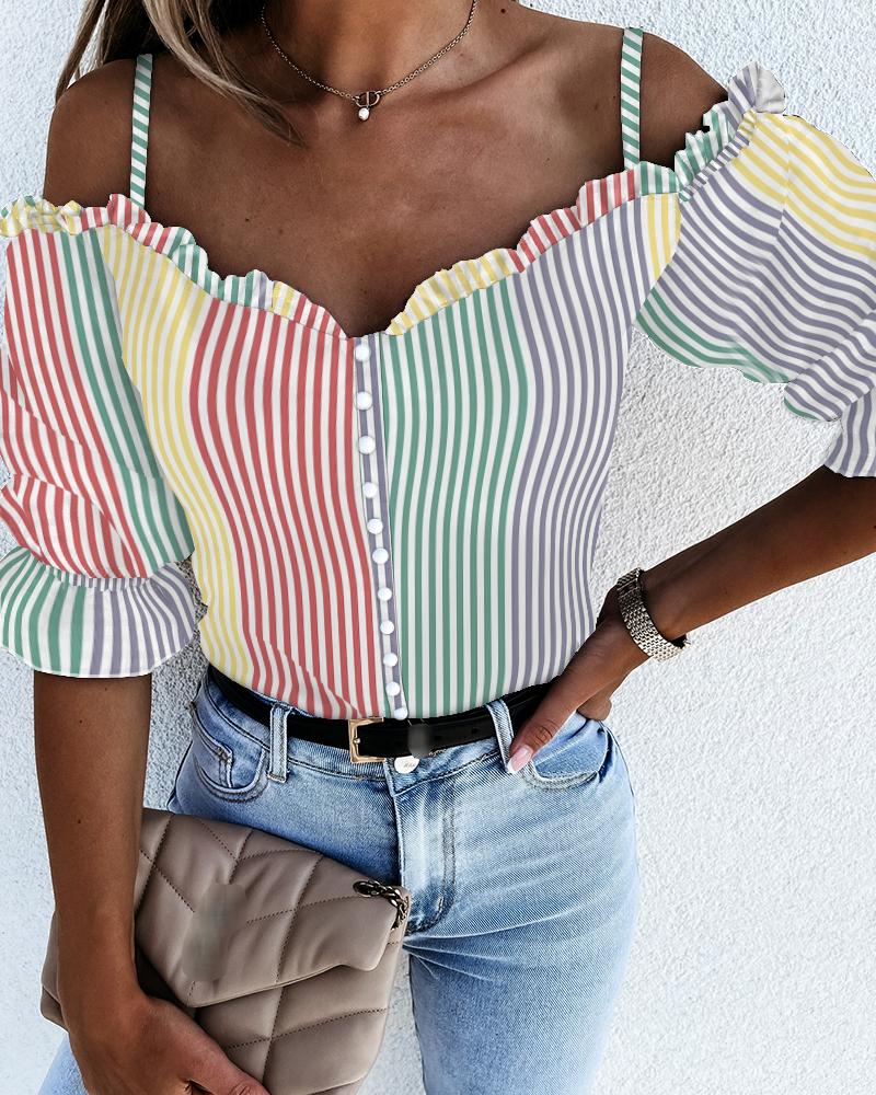

Off Shoulder Stripe Print Single Breasted Front Blouse, Multicolor