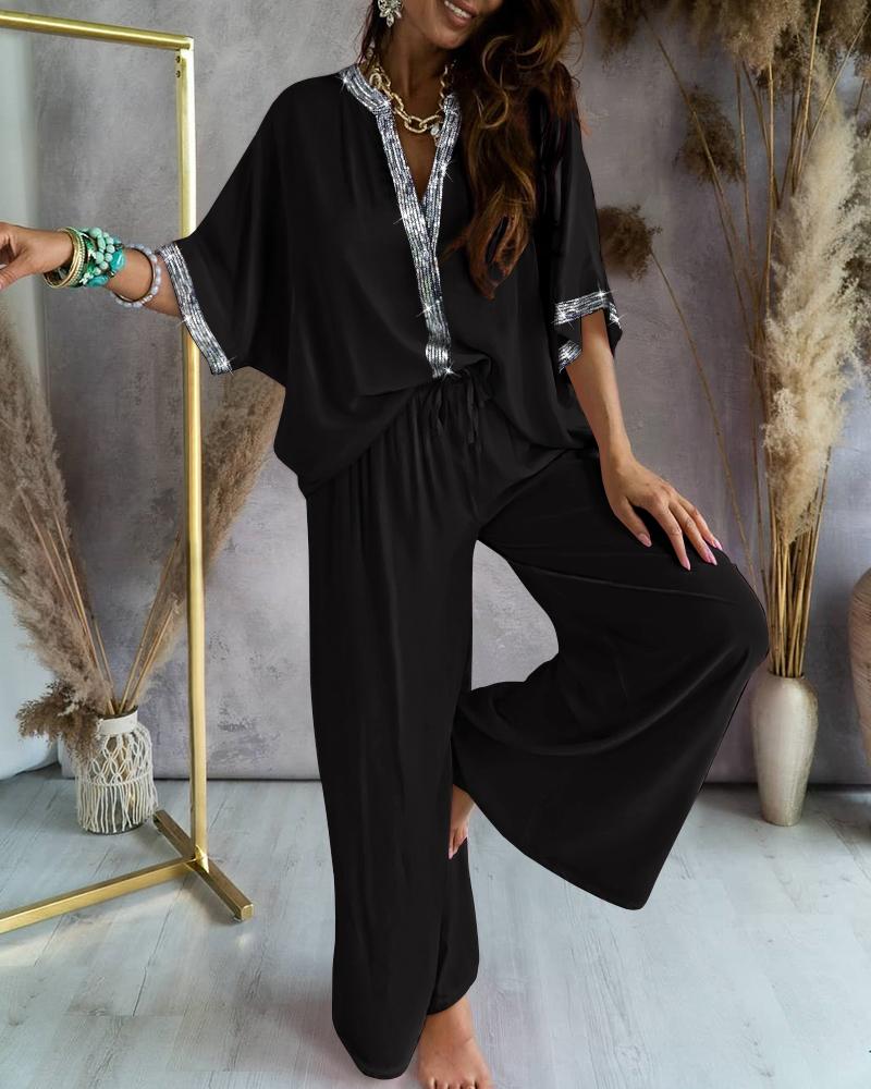 

Contrast Sequin Batwing Sleeve Casual Top & Pants Set, Black