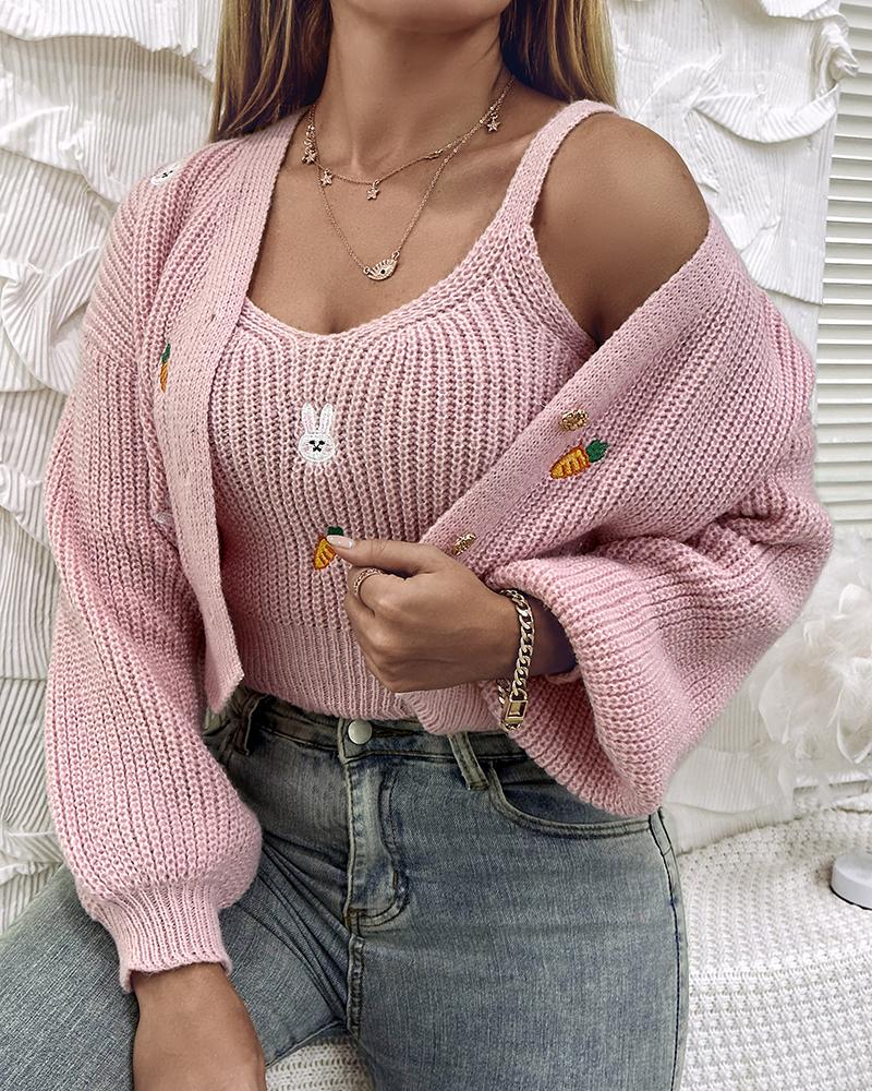 

Rabbit Carrot Embroidery Tank Knit Sweater & Cardigan Set, Pink
